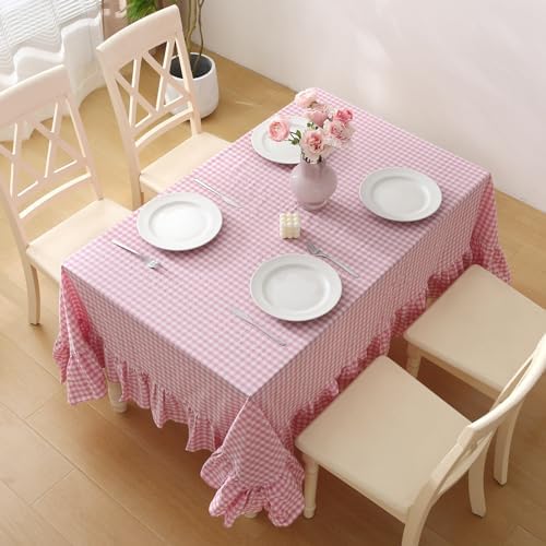 Pink White Gingham Ruffled Table Cloth Rectangular 70"x52" - Image 3