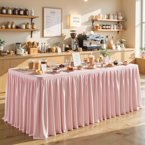 Wish Care Blush Pink Polyester Table Clothes for 8 Foot Rectangle Tables, Wrinkle Free Fitted Table Cover with Pleated Ruffle Table Skirt for Birthday Party Wedding Trade Show Event Display - Image 2