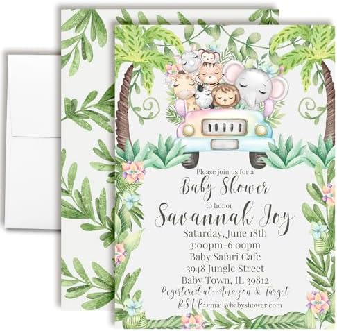 Custom Baby Shower Invites Jungle Safari Invitations for Boys or Girls, Pack of 20 5x7 Personalized Safari Jungle Theme Invites with Envelopes - Unique Jungle Baby Shower Cards by AmandaCreation by AmandaCreation