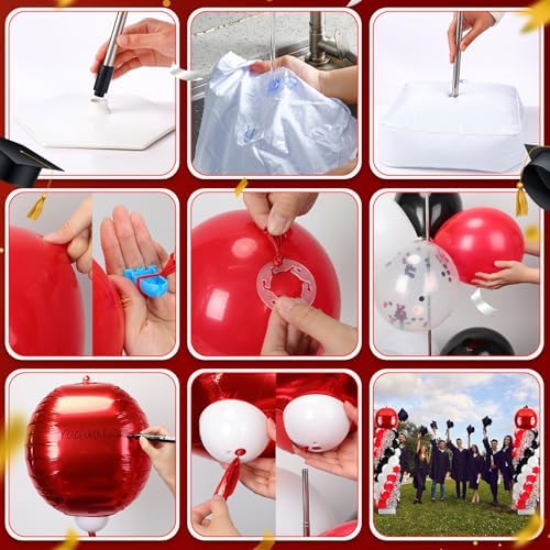 2 Sets Red Black and White Balloon Column Stand Kit, Adjustable Floor Balloon Arch Tower with Foil & Latex Balloons, DIY Decor for Birthday Ceremony Backdrop - Image 5