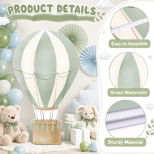 2.9 ft x 4.9 ft Hot Air Balloon Baby Shower Decorations, Large Sage Green Hot Air Shaped Cardboard Cutout, Life-Size Standup Photo Booth Props for Birthday Party Celebration Backdrops Decor - Image 5