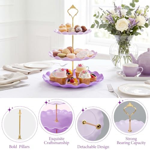 FoldTier 6 Pack Cupcake Stand Set 3 Pcs 3 Tier Gradient Dessert Table Display Stands Cookie Tray Rack 3 X14 in Rectangle Party Trays for Wedding Birthday Tea Party Baby Shower(Purple,Round) - Image 4