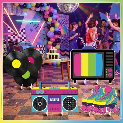4 Pcs Large 80s Birthday Party Decoration, 23.62 Inch 90s Photo Props, Retro Cardboard Cutout, TV Roller Skates Radio Records Yard Sign for Birthday Supplies Hip Hop Music Theme Accessories - Image 2