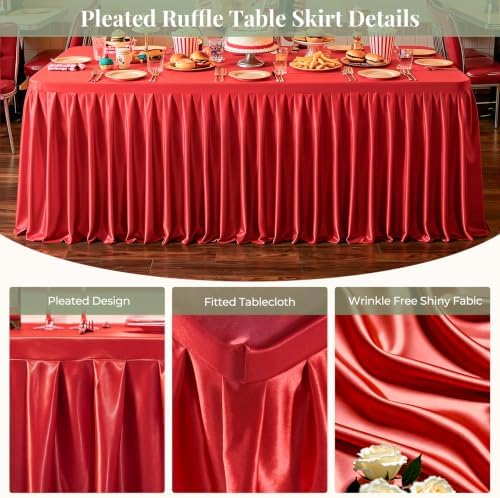 6 Packs Red Satin Tablecloths Rectangle 8FT, Glitter Spandex Fitted Stretch Table Covers Wrinkle-Free Floor Length Shimmer Table Skirt for Weddings Parties Baby Shower Banquets Vendor Events - Image 2