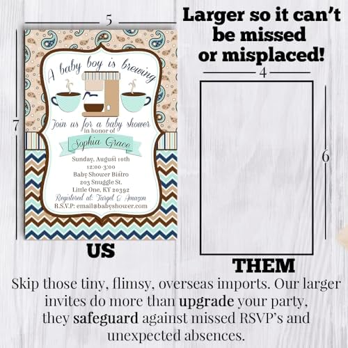 Amanda Creation 20 Custom Baby Shower Invitations with Envelopes – Personalized A Baby is Brewing Coffee Bean Themed Invite Set for Baby Boy, 5x7 Custom Cards, Made in USA - Image 7