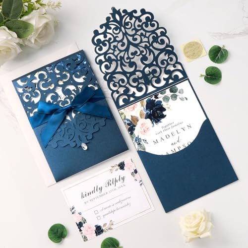 50pcs Wedding Invitation Kit, Navy Blue Laser Cut Invitations with Cards - Image 7