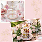 CHENGU 3 Tier Christmas Cupcake Stand Pink Ceramic with Gold Frame - Image 3