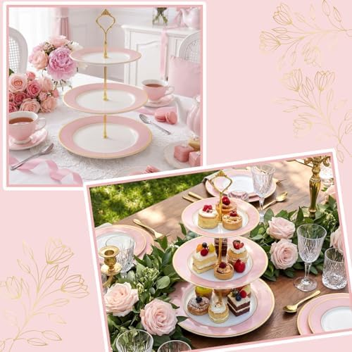 CHENGU 3 Tier Christmas Cupcake Stand Pink Ceramic with Gold Frame - Image 3