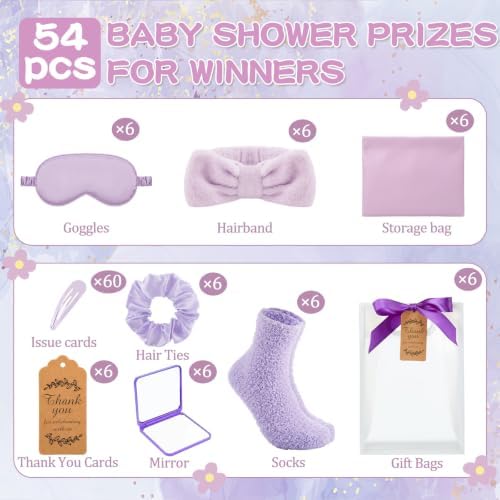 54 Pcs Baby Shower Prizes for Winners Prizes Gifts 6 Sets with Headbands Eye Masks Mirrors Hair Ties Hair Clips Socks Storage Bags Thank Card Gift Bag for Baby Shower Party Wedding (Purple) - Image 4