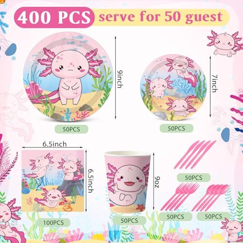 Funnymoom 400 Pcs Axolotl Birthday Party Supplies for 50 Guests Pink Cartoon Axolotl Paper Plates and Napkins Knives Spoon Fork Cup Disposable Reptile Animals Dinner Sets for Baby Shower Party - Image 3