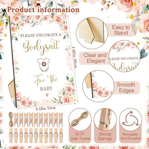 Panitay 126 Pcs Baby Shower DIY Bodysuit Set Bib 25 Blank White Newborn Bodysuit 25 Stencils 24 Marker 1 Sign 50 Pins(Floral) - Image 5