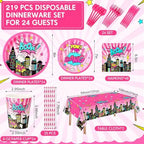 Funnymoom 219 Pcs Pink Hero Birthday Party Decorations Girl Pink Comic Hero Plates Napkins Cups Tablecloth Cutlery Straw Disposable Tableware Set for Birthday Baby Shower Party Supplies, Serves 24 - Image 2