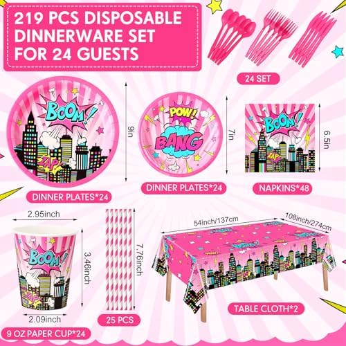 Funnymoom 219 Pcs Pink Hero Birthday Party Decorations Girl Pink Comic Hero Plates Napkins Cups Tablecloth Cutlery Straw Disposable Tableware Set for Birthday Baby Shower Party Supplies, Serves 24 - Image 2