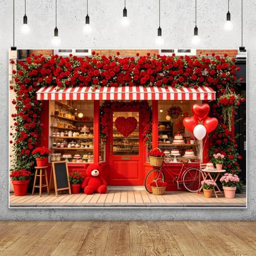 15x10ft Valentines Day Photography Backdrop Red Rose Bakery Storefront Background with Heart Balloons Bear Bicycle Cake Shop Brick Wall Floral Decor for Portrait Photo Booth Party Decoration - Image 3