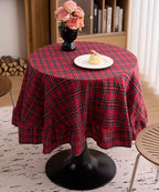 vctops Christmas Red Plaid Ruffle Table Cloth, Farmhouse Cotton Linen Tablecloth, Washable Table Cover for Round Table Baby Shower Kitchen Party Wedding Decor (Red B,70") - Image 2