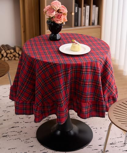 vctops Christmas Red Plaid Ruffle Table Cloth, Farmhouse Cotton Linen Tablecloth, Washable Table Cover for Round Table Baby Shower Kitchen Party Wedding Decor (Red B,70") - Image 2
