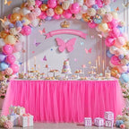 9FT Long Hot Pink Tulle Table Skirt for Rectangle Round Tables 3-Layer Ruffle Desk Teacher Skirt for Back to School Supplies Princess Girls Birthday Party Cake Dessert Classroom Dorm Decor by Partisky