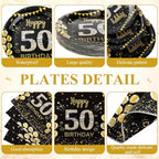 Funnymoom 452 Pcs 50th Birthday Decorations for Men, Black and Gold 50th Birthday Paper Plates Cups Napkins Tablecloth Cutlery Straws for Men Women 50 Year Old Party Supplies for 50 Guests - Image 2
