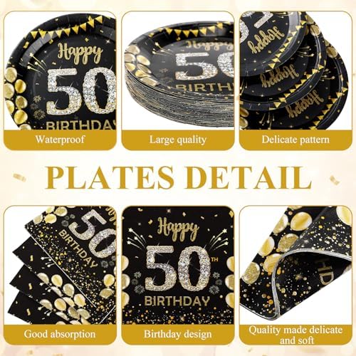 Funnymoom 452 Pcs 50th Birthday Decorations for Men, Black and Gold 50th Birthday Paper Plates Cups Napkins Tablecloth Cutlery Straws for Men Women 50 Year Old Party Supplies for 50 Guests - Image 2
