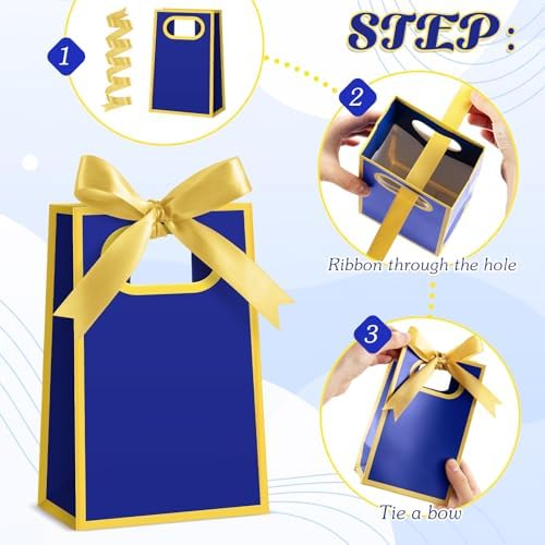 AmazingSpark 50 Pcs Royal Blue Gold Mini Gift Bags Bulk 6.3 x 3.9 x 2.8 Inch Party Favors Elegant Small Gift Bags with Handles and Ribbon Bows for Wedding Birthday Bridal Baby Shower Party Favors - Image 4