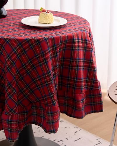 vctops Christmas Red Plaid Ruffle Table Cloth, Farmhouse Cotton Linen Tablecloth, Washable Table Cover for Round Table Baby Shower Kitchen Party Wedding Decor (Red B,70") - Image 4