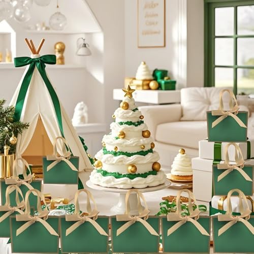TKSBAG 50 PCS Small Green Gold Gift Bags with Bow Ribbon - 6.4x3.1x5.1 Inch Thank You Bags with Handles, Bulk for Baby Shower, Bridal Shower, Wedding, Party Favors, Mother's Day - Image 5