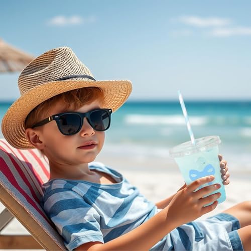 Whaline 50 Pcs Bow Disposable Plastic Cups with Lids and Straws 12 Oz Blue Bow Knot Cold Beverage Drinking Cups - Image 5
