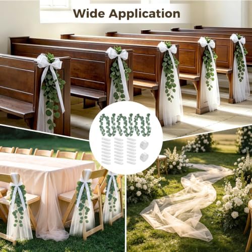 24 Sets Wedding Pew Decorations with White Long Tulle Tails Chair Sashes 8.2 ft, 24 Artificial Eucalyptus Vine 6.9 ft, 2 Rolls White Ribbon 72.2 ft for Wedding Aisle, Ceremony Party Supplies - Image 5