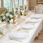 bUCLA 150PCS White and Gold Plastic Plates Disposable - 25 Guests Gold Dinnerware Set - Include 25 Each (Dinner & Dessert) Plates, 25 Knives, 25 Forks, 25 Spoons & 25 Cups for Party - Image 6