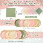 144 Pcs 48 Guests Sage Green and Pink Paper Plate and Napkin Party Supplies - Image 2