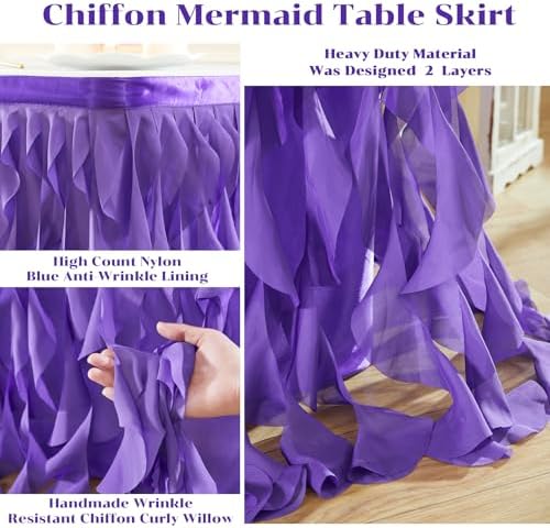 Partisky Mermaid Purple Tulle Curly Willow Table Skirt for Rectangle Table 9ft, Ruffle Tutu Table Cloth for Girls Boys Baby Shower,Mermaid Birthday Party - Image 6