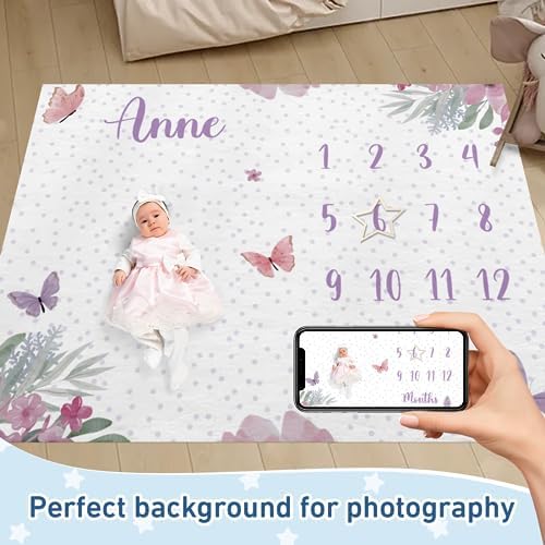 Custom Name Baby Milestone Blanket - Baby Milestone Monthly Blanket with Double Sided for Boy Girl Baby Photography Props - Purple Butterfly Print Gifts for Kids Infant (FixedSize) - Image 2