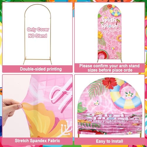 Chunful 3 Pcs Splish Splash Birthday Party Decorations Summer Pool Backdrop Arch Cover Cute Happy Birthday Party Decorations for Swimming Pool Photo Background Decor 6 ft/5 ft/4 ft(Pink-Green) - Image 3