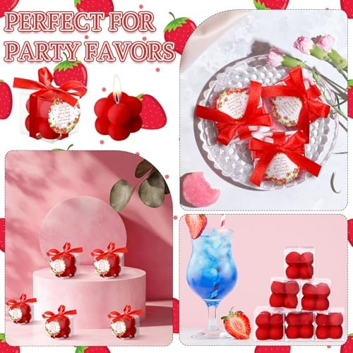MTLEE 24 Sets Strawberry Baby Shower Favors Small Bubble Candle for Guests Tea Candles Bulk with Stylish Ribbons Cards Gifts Party Decoration(Bright Red, Strawberry) - Image 4