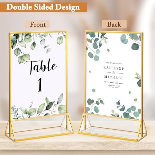 Floroom 12 Pack 5x7 Inch Clear Acrylic Sign Holders, Gold Border Double-Sided Vertical Picture Frames & Display Stands for Table Numbers, Photos, Menus, Flyers, Weddings, Parties & Events - Image 4