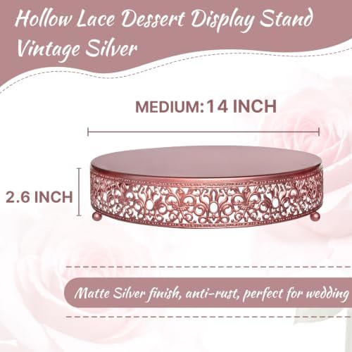 14 Inch Rose Gold Cake Stand, Round Metal Dessert Display with Ornate Filigree Lace, Dual‑Coated Premium Finish for Wedding, Anniversary & Elegant Home Decor - Image 3