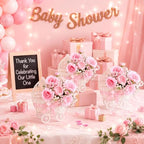 3 Pack Baby Shower Table Centerpiece, Pink Rattan-Style Carriage Baskets with Faux Ranunculus and Baby's Breath for Girl Gender Reveal Bridal Wedding Party Tables - Image 4