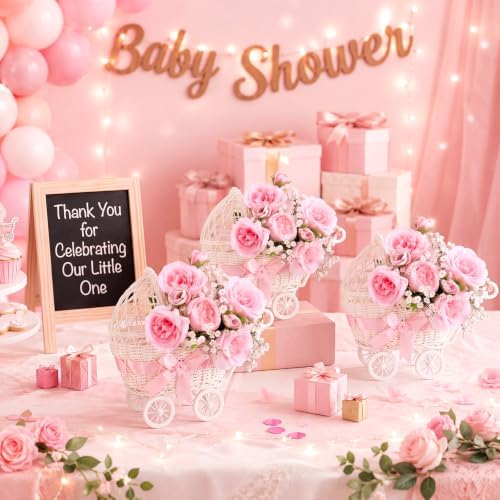 3 Pack Baby Shower Table Centerpiece, Pink Rattan-Style Carriage Baskets with Faux Ranunculus and Baby's Breath for Girl Gender Reveal Bridal Wedding Party Tables - Image 4