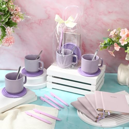 36 Pcs/6 Sets Baby Shower Prizes for Winners Include Ceramic Mugs with Spoons Woven Coasters Notebooks with Pens Clear PVC Gift Bags for Bridal Shower Party Favors(Purple) - Image 5