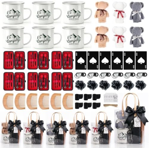 61PCS Baby Shower Prizes for Men 6 Set with Premium 12 OZ Enamel Mug Bottle Opener Manicure Kit Wood Comb Bear Towel Keychain Bath Sponge Gift Bag Baby Shower Game Prizes for Winner Bachelor Party by Unknown