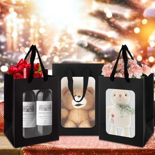 YOUNTHYE 50PCS Black Gift Bags with Window Black Kraft Paper Gift Bags with Transparent Window 9.8x7x5 inch Transparent Window Bags with Handles for Christmas Birthdays Festivals Party Weddings Wrapping - Image 7