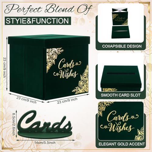 Colarr Velvet Wedding Card Box with Wooden Cards Sign Set, Emerald Green - Image 2