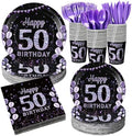 Pickmesh 400 Pcs 50th Birthday Party Supplies Purple Black Plates Serve 50 by Pickmesh