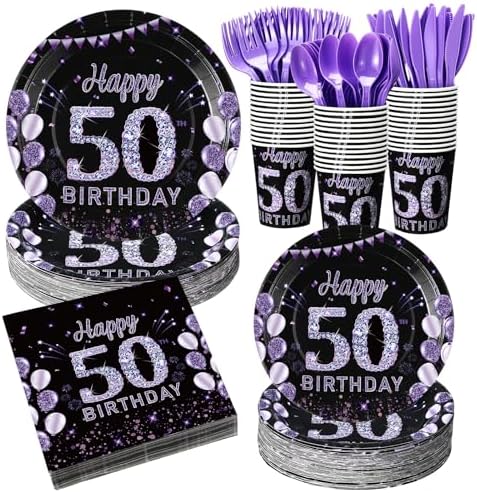 Pickmesh 400 Pcs 50th Birthday Party Supplies Purple Black Plates Serve 50 by Pickmesh