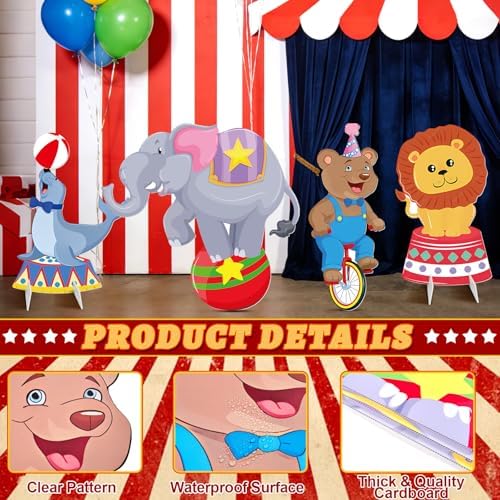 Carnival Theme Party Decorations, 4 Pack Large 30" x 27" Circus Animals Cardboard Cutouts Stand Up, Circus Theme Photo Booth Props for Carnival Birthday Party Baby Shower Family Game Decoration - Image 4