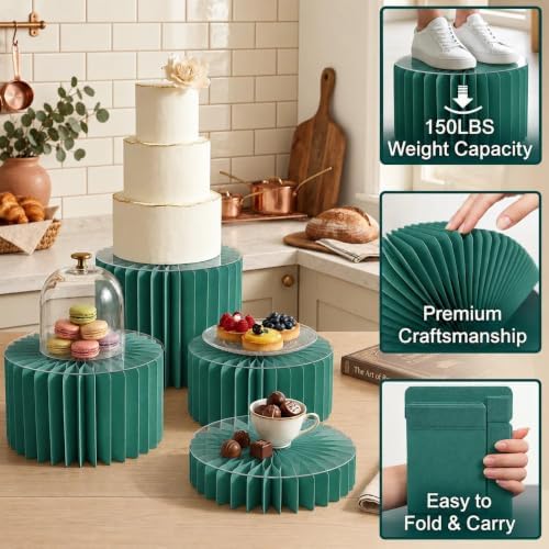 iobiotio Foldable Cake Stand, Reusable Buffet Risers, 4 Pack Round Dessert Stands with Acrylic Tops, Cardborad Display Stands for Weddings, Birthdays, Baby Showers, Parties, Home Decor, Green - Image 3