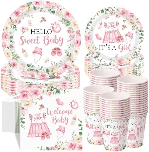 Pickmesh 250 Pcs Pink Floral Baby Girl Disposable Tableware Set Hello Sweet Baby Paper Plates Napkins Cups Cutlery for Gender Reveal Birthday Party Supplies Babies Shower, Serve 50 Guest by Pickmesh