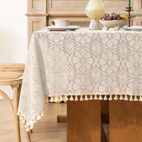 Boho Crochet Cotton Lace Tablecloth Rectangle 52 x 70 Inch Beige by Chorowl