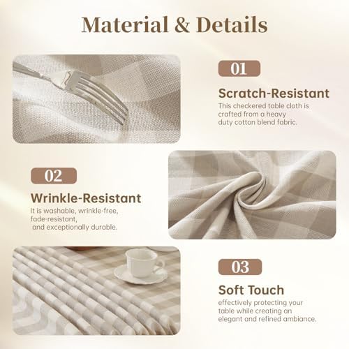 Beige Gingham Tablecloth Rectangle, Cotton Linen Checkered, 55x120 Inch - Image 6