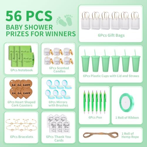 56Pcs Baby Shower Prizes for Game Winners Baby Shower Favors Gifts including Plastic Tumbler Notebook Scented Candles Ballpoint Pen Mirrors with Hair Brushes Bracelet Gift Bag (Green) - Image 2